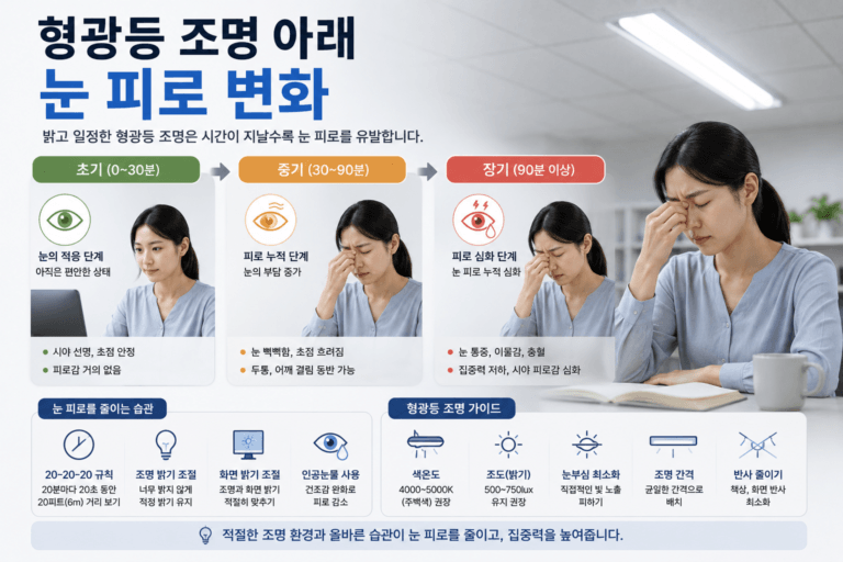 형광등 조명 아래 눈 피로 변화